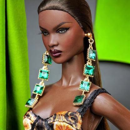 Green squared stones drop earrings for Integrity Toys dolls Poppy Parker Fashion Royalty Nu Face Barbie Silkstone